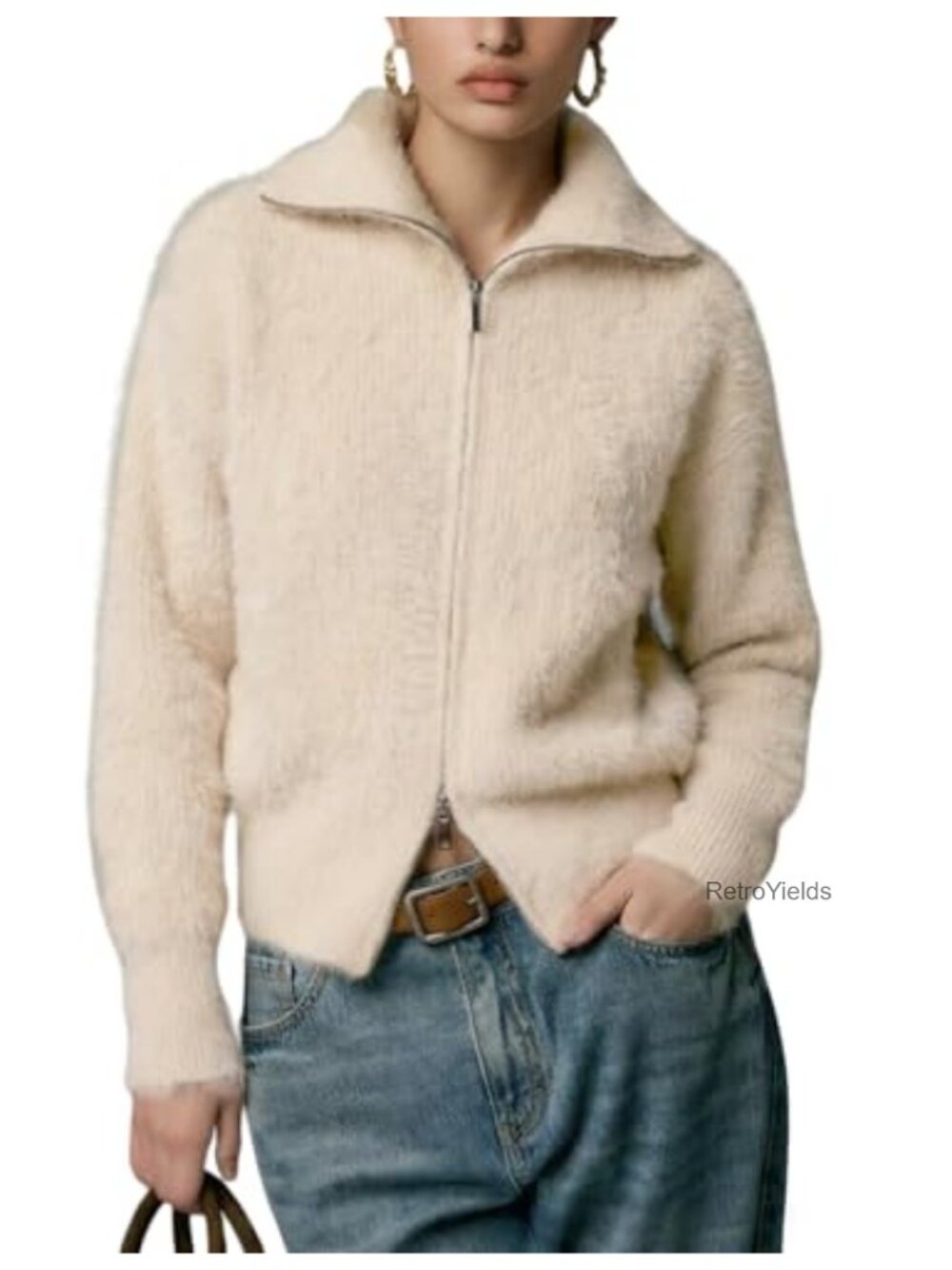 Fuzzy Zip Up Cardigan Loose Fit Long Sleeve Knit Sweater Coat